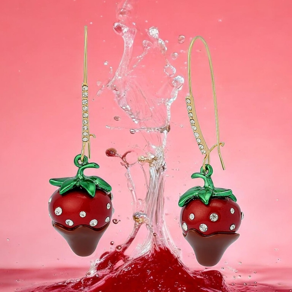 NEW Betsey Johnson Love Spell Chocolate Strawberry Dangle Drop Earrings NWT - Picture 5 of 7